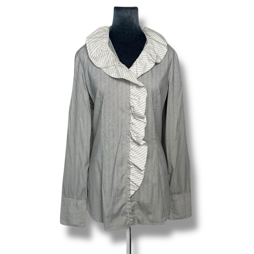 United Colors of Benetton 2000s Pinstripe Button Up Ruffle Long Sleeve Blouse M